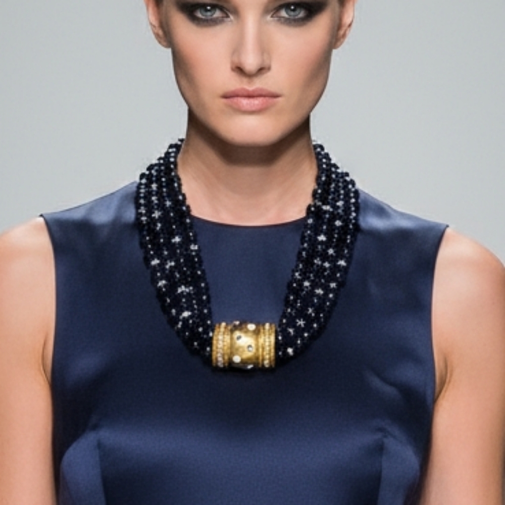 5 strand Black Onyx rhinestone Bold Classic Hi End statement jewelry Necklace